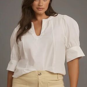 Anthropologie Puff Sleeve Sculpted Blouse Top White 100% Cotton Size XS New